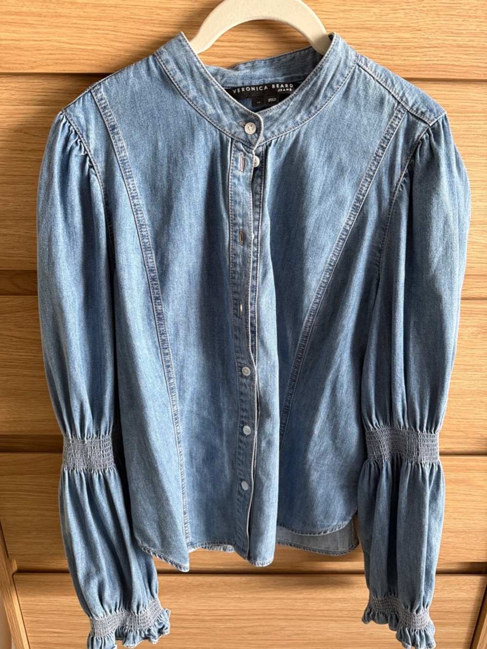 Veronica Beard Light Blue Denim Band-Collar Button Down